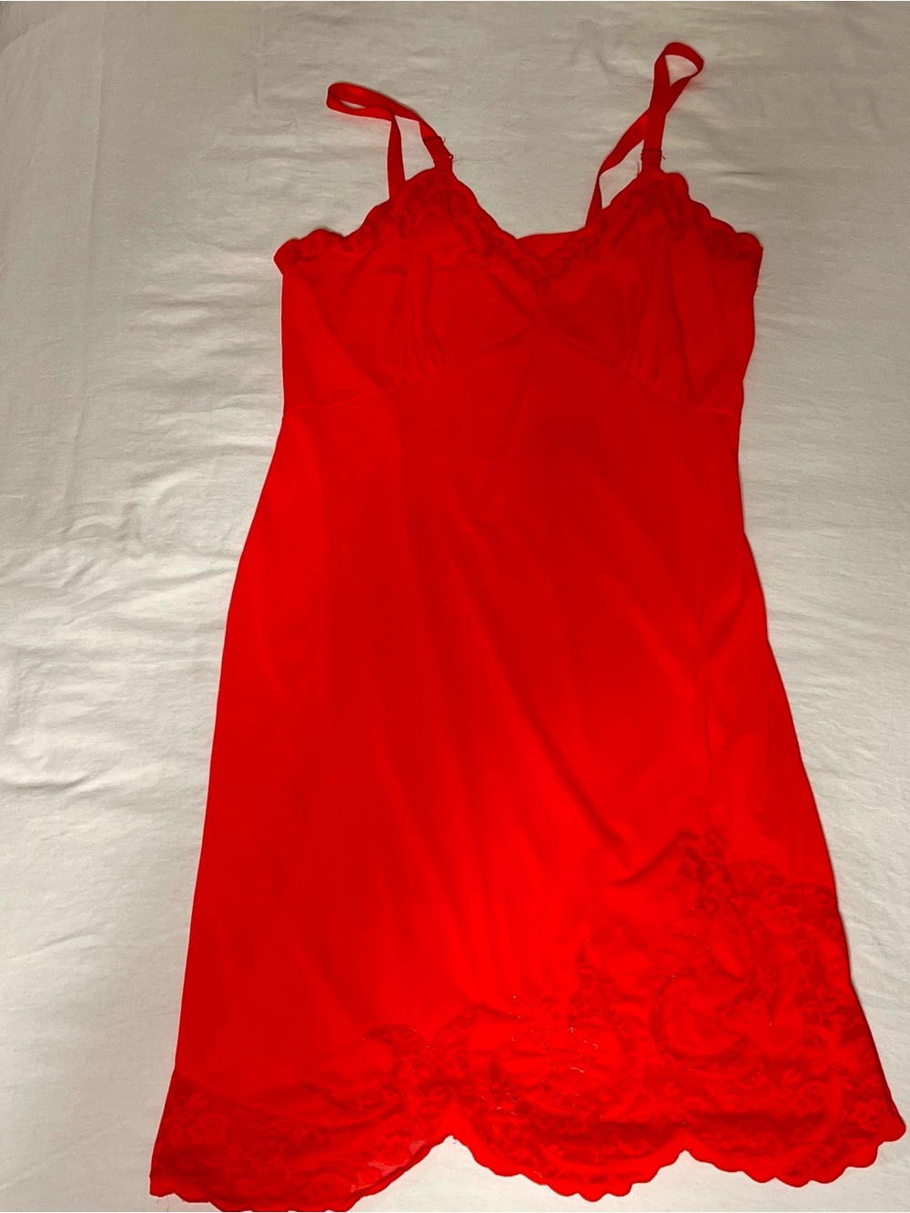 Vintage Red Nylon Tricot Full Slip Nightgown Lace Hem USA Made Size 40 Lingerie